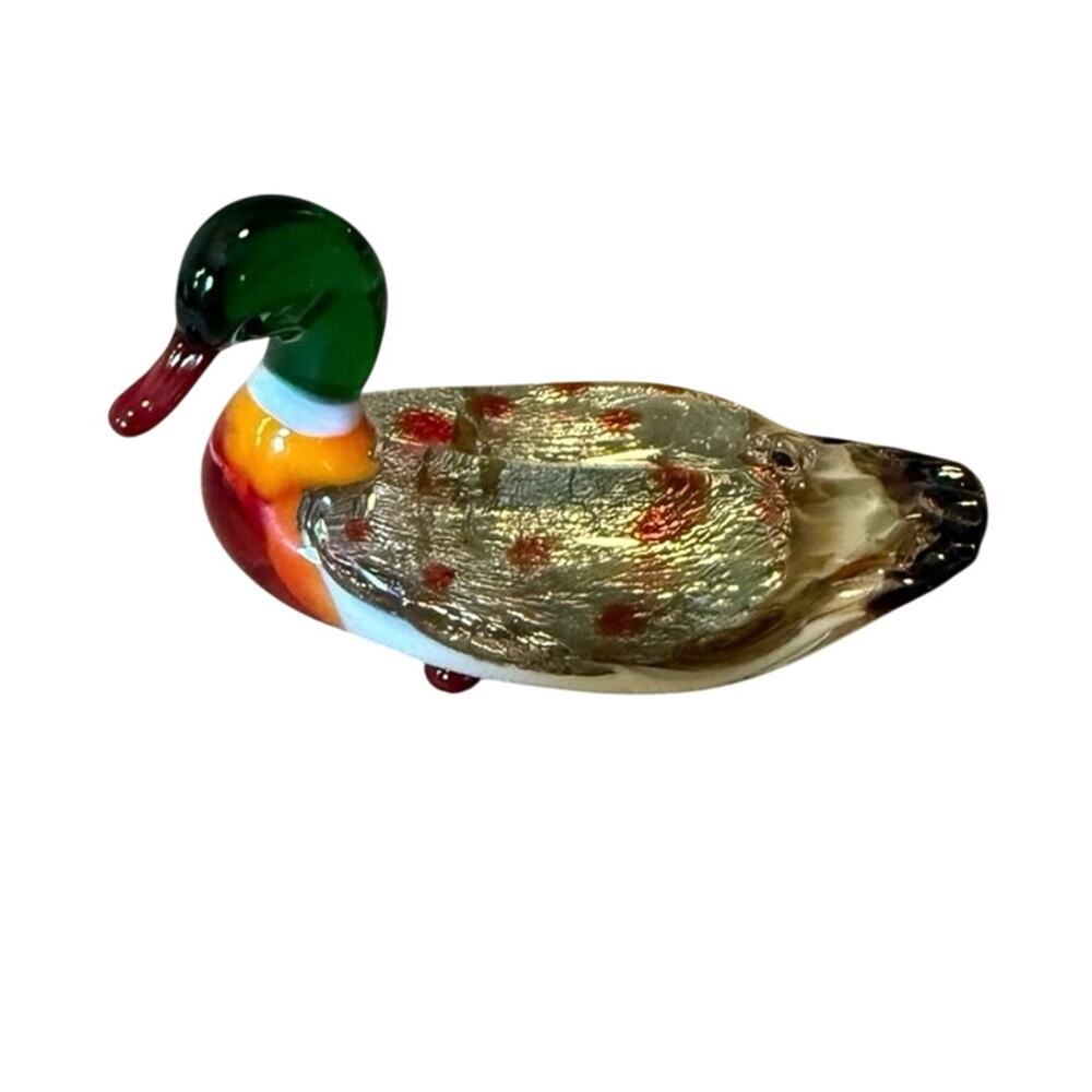 Iridescent Art Glass Mini Duck • Clear Overlay + Red Accents • 3”